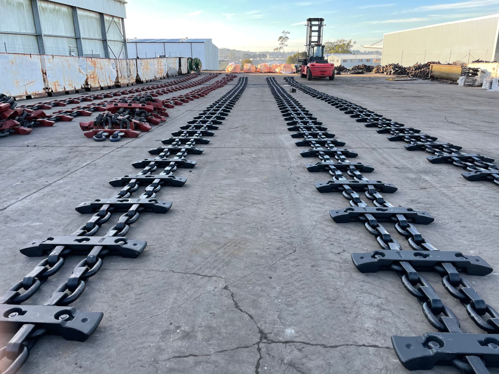Ellton Longwall workshop yard at Somersby, with rows of longwall chain and flight bars laid out ready for site